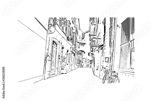 Building view with landmark of Bolzano is a city in the South Tyrol province of north Italy. Hand drawn sketch illustration in vector.