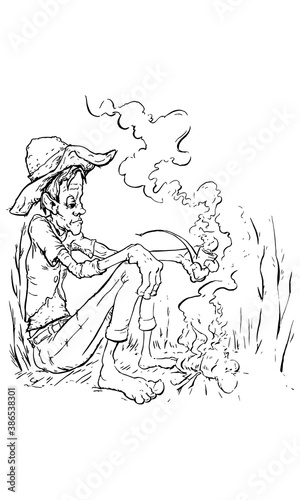 hand-drawn scene of a weary man in a straw hat smoking a pipe over a small camp fire.