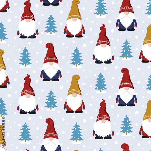 Seamless pattern with cute gnomes, trees, and snow. Nordic Christmas, scandinavian Christmas. For wrapping paper, scrapbooking, wall paper, fabric, textile, etc.