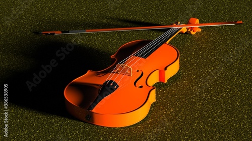 Orange classic violin on dark yellow plate under spot lighting background. 3D sketch design and illustration. 3D high quality rendering.