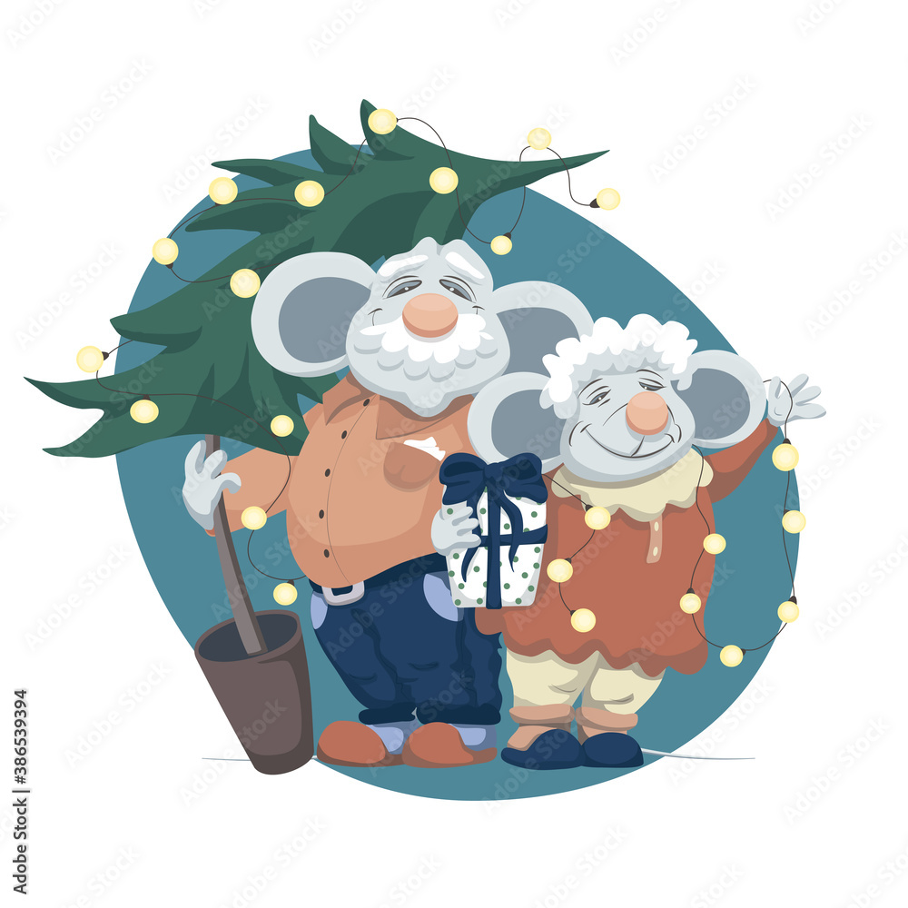 Obraz premium cute card with grandfather and grandmother mousies holding christmas tree vector isolated illustration