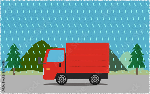豪雨の中、山沿いの道を進む赤いトラックのベクターイラスト
