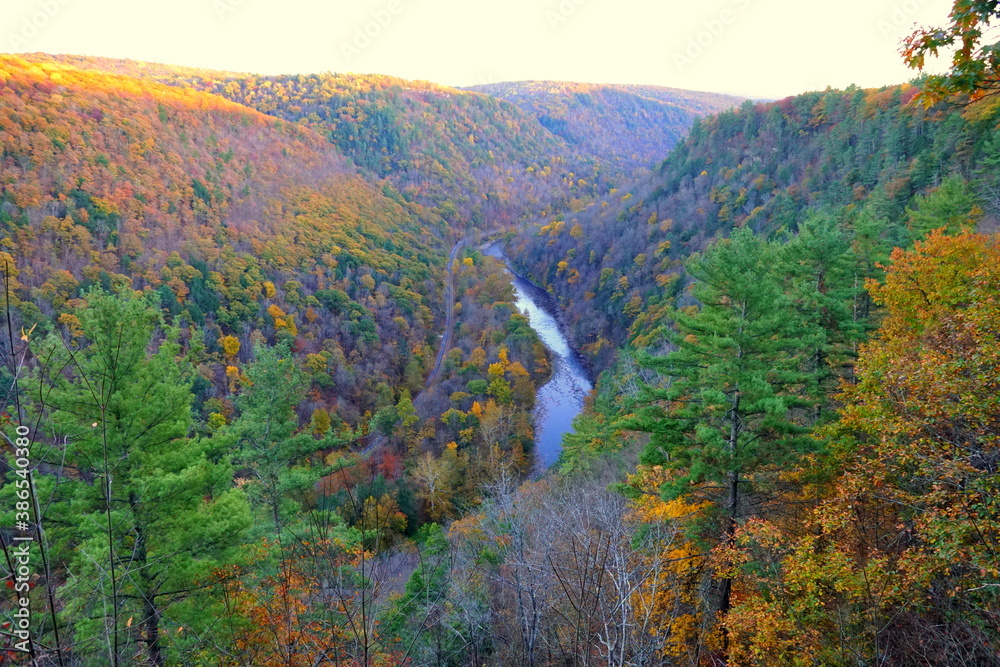 Φωτογραφία The aerial view of the striking colors of fall foliage and the river near Grand Canyon of Pennsylvania, U