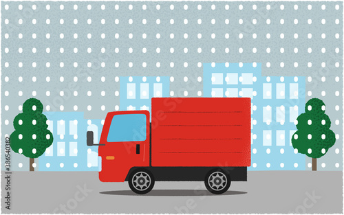 雪の中、都市の道路を進む赤いトラックのベクターイラスト