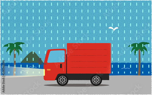 豪雨の中、ライトを点けて海沿いの道を進む赤いトラックのベクターイラスト