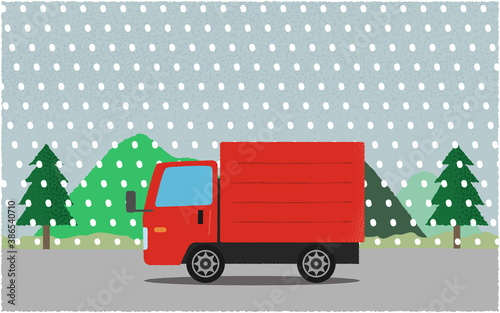 吹雪の中、山沿いの道を進む赤いトラックのベクターイラスト