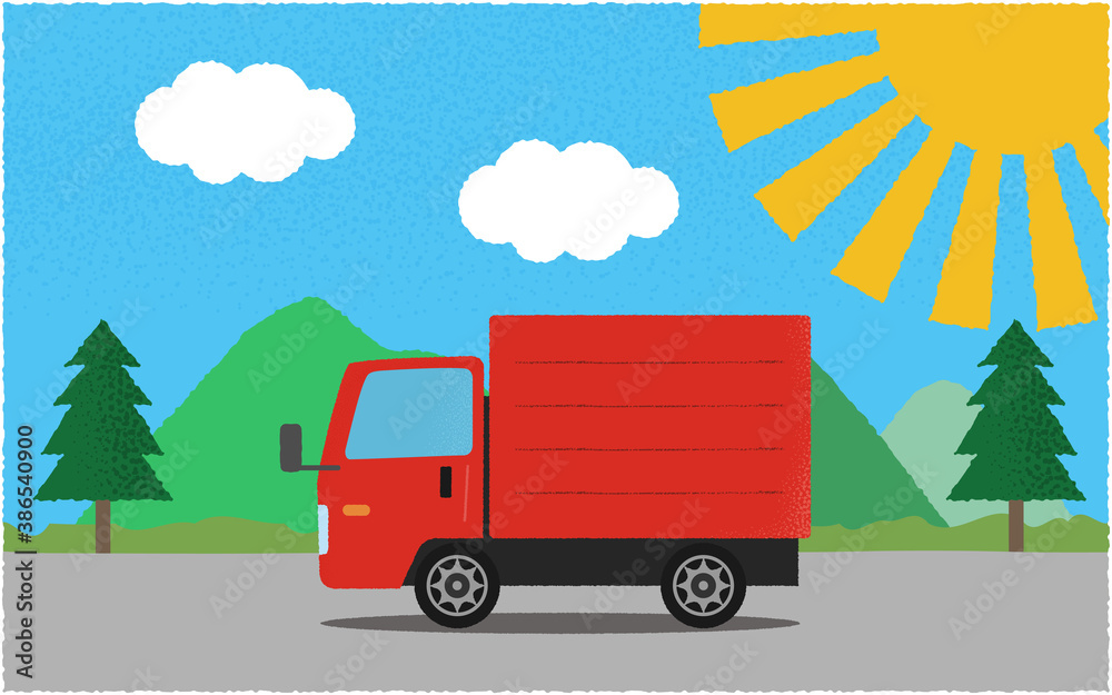 炎天下 山沿いの道を進む赤いトラックのベクターイラスト Stock Vector Adobe Stock