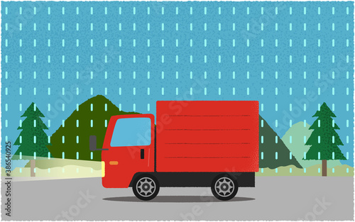 雨の中、ライトを点けて山沿いの道を進む赤いトラックのベクターイラスト
