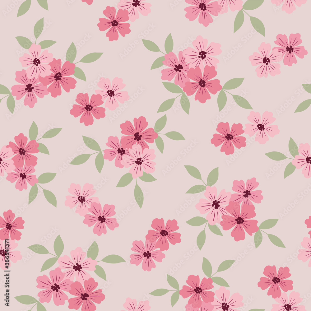 seamless vintage floral pattern with cluster of pink flowers and green leaves on beige background vector.