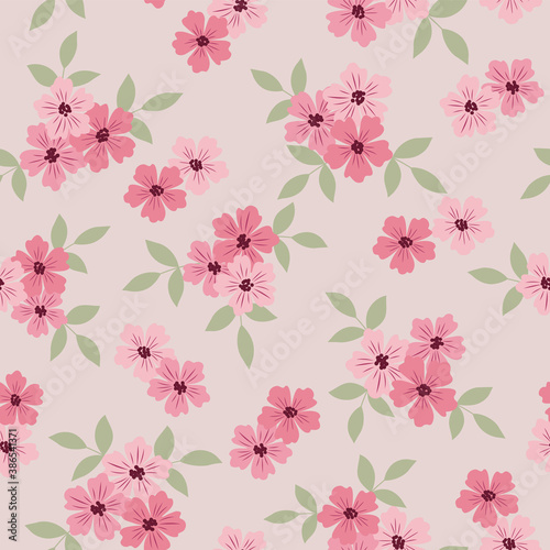 seamless vintage floral pattern with cluster of pink flowers and green leaves on beige background vector.