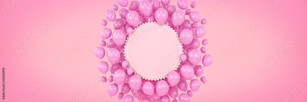 Horizontal banner with balloons and frame. 3d rendering