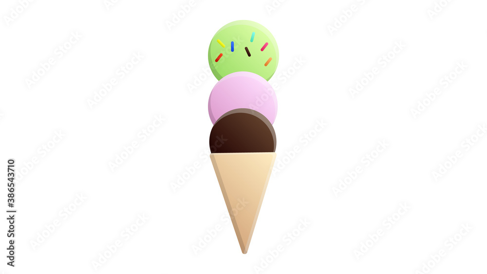 ice cream on a white background, vector illustration. appetizing, sweet, milky dessert. ice cream in a waffle cup, with bright balls. sweetness for children and adults ice cream on a white background, vector illustration. appetizing, sweet, milky dessert. ice cream in a waffle cup, with bright balls. sweetness for children and adults