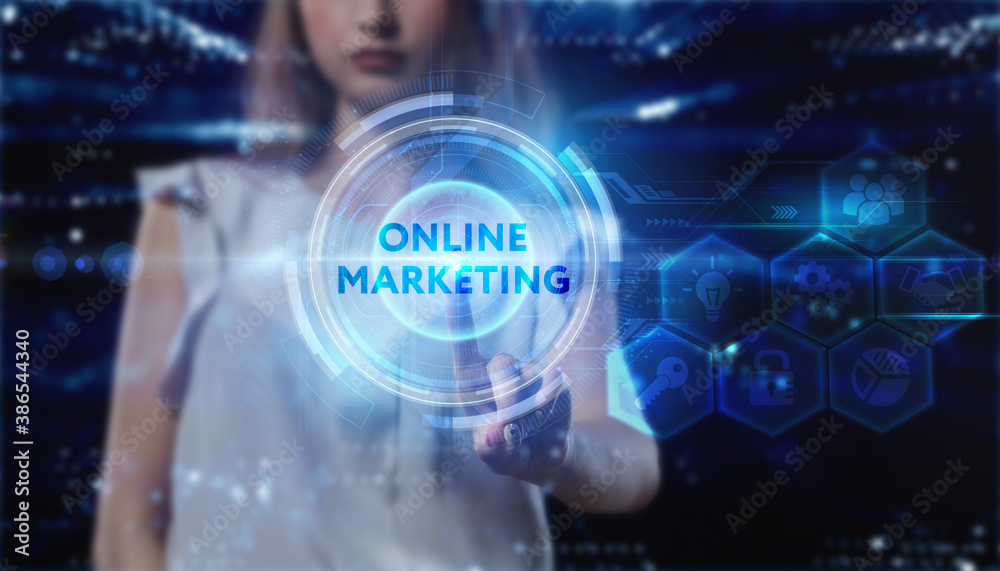 Business, technology, internet and network concept. Young businessman thinks over the steps for successful growth: Online marketing Business, technology, internet and network concept. Young businessman thinks over the steps for successful growth: Online marketing