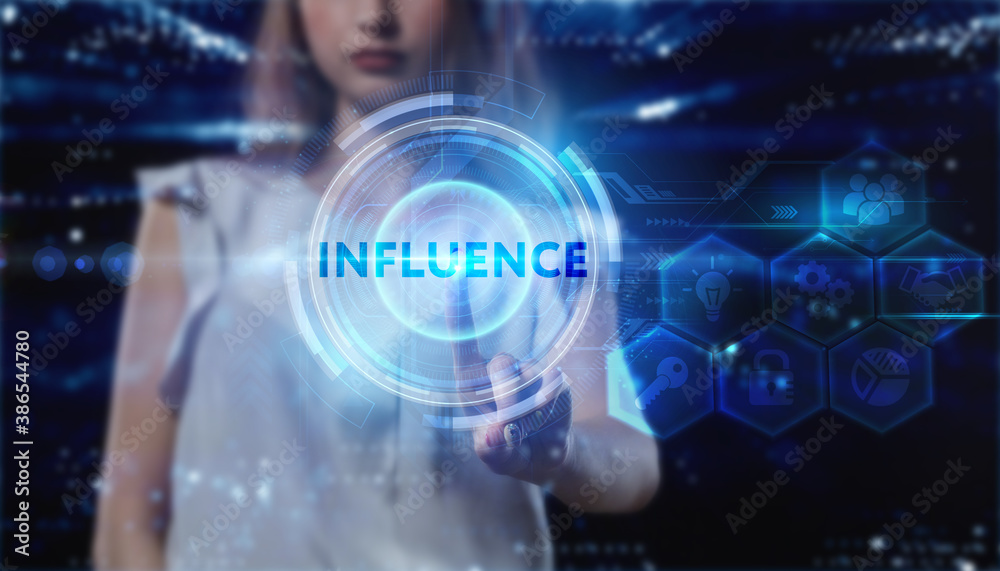Business, technology, internet and network concept. Young businessman thinks over the steps for successful growth: Influence