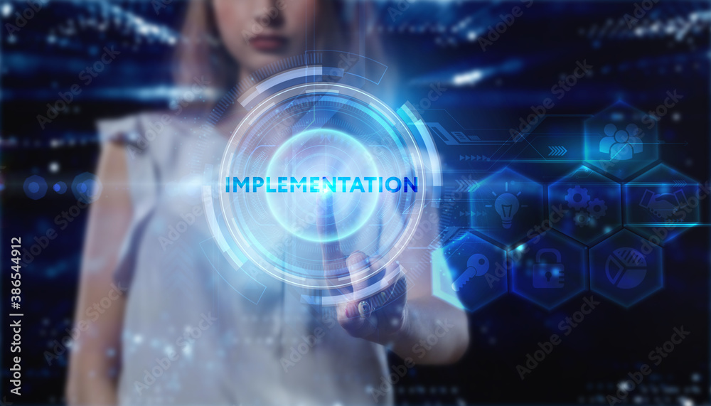 Business, technology, internet and network concept. Young businessman thinks over the steps for successful growth: Implementation