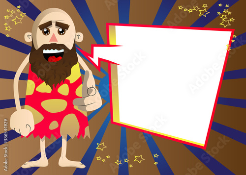 Cartoon caveman pointing at the viewer with his hand. Vector illustration of a man from the stone age.