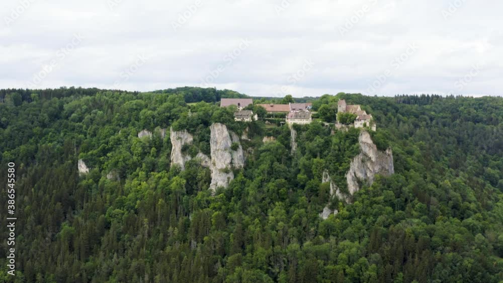Aerial View of Historic Castle on Steep Hills in South Germany