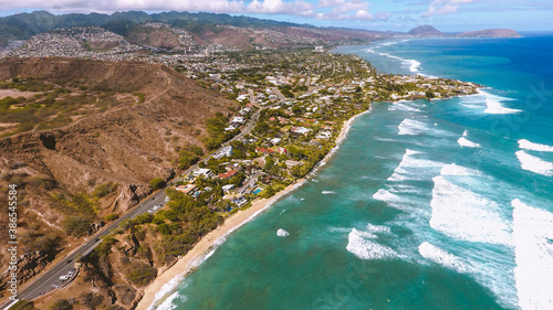 Aerial photography of Kahala, Honolulu coastline, Oahu, Hawaii photo