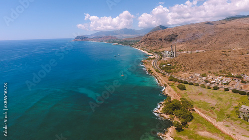 Aerial Hawaiian Electric Beach Park, West Oahu coastline, Hawaii 