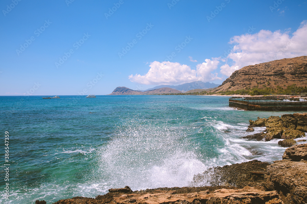 Waves hit the rocks, Kahe Point , West Oahu coastline, Hawaii