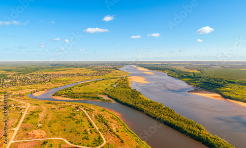 Aerial view of Vychegda river.Arkhangelsk Oblast.Russia