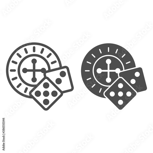 Roulette and dice line and solid icon, Sea cruise concept, casino sign on white background, Roulette with cubes icon in outline style for mobile concept and web design. Vector graphics.