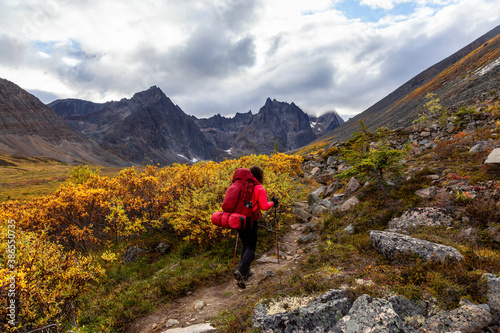 Woman Backpacking on Scenic Hiking Trail surrounded by Rugged Mountains during Fall in Canadian Nature. Taken in Tombstone Territorial Park, Yukon, Canada.