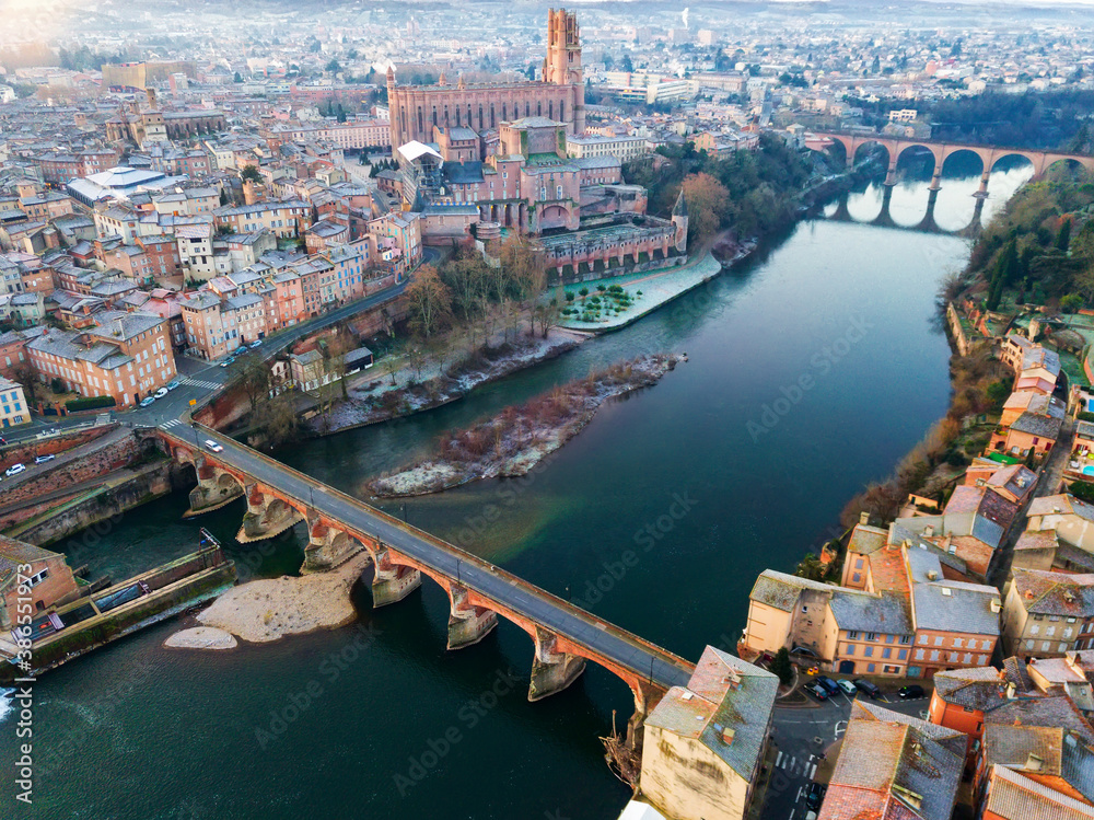 Aerial view of French city of Albi on bank of Tarn river in autumn day