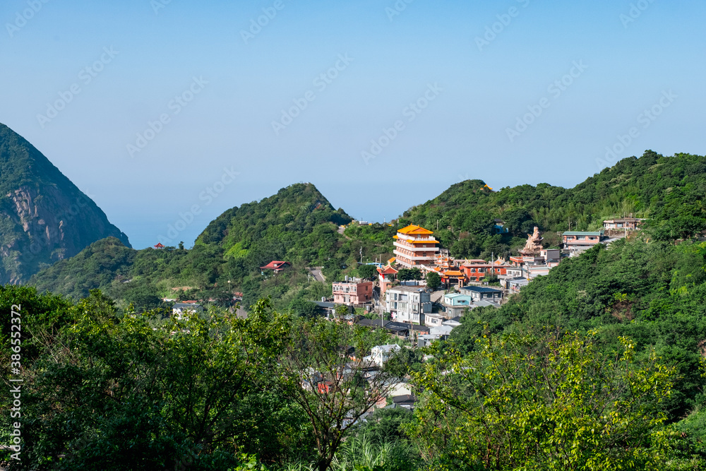 View from Jinguashi Shrine, Mountain Ocean temple, and residential buildings.