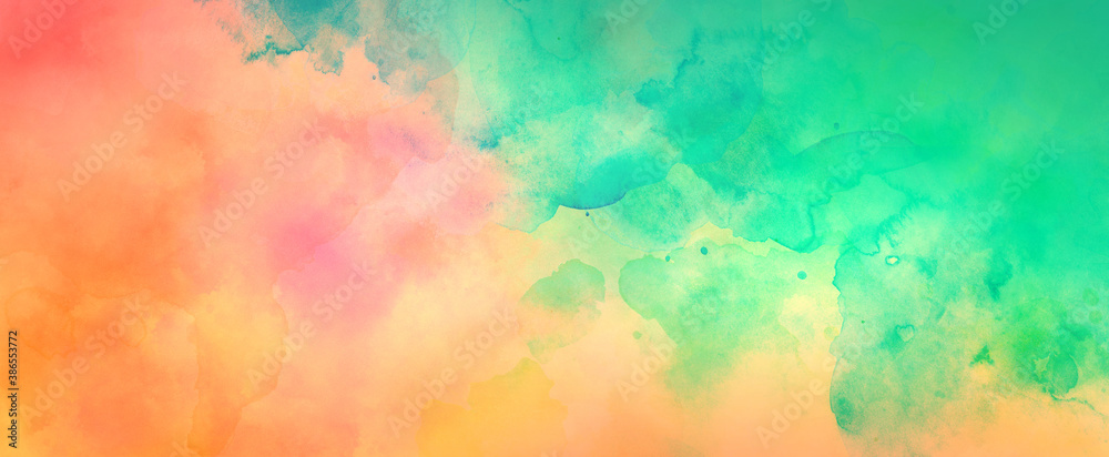 Watercolor background in blue pink and green colors, colorful painted background texture in abstract sunset or orange sunrise sky illustration