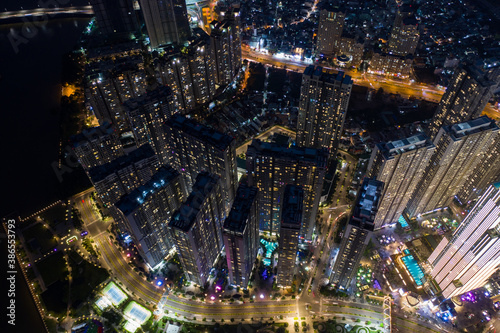 Wallpaper Mural Aerial urban colorful sunrise panorama with high rise building disappearing into the clouds, city center skyline and suburban sprawl Torontodigital.ca