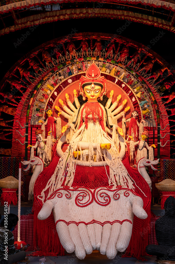 Durga Puja Festival in Kolkata , West Bengal. Goddess durga idol displayed in Puja Pandal.