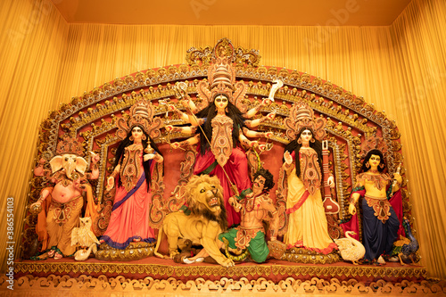 Durga Puja Festival in Kolkata , West Bengal. Goddess durga idol displayed in Puja Pandal.