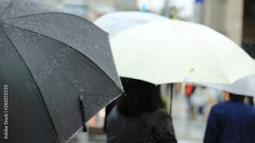 雨の東京　表参道　傘をさして横断歩道を歩く人々　スローモーション撮影　ぼかし photo