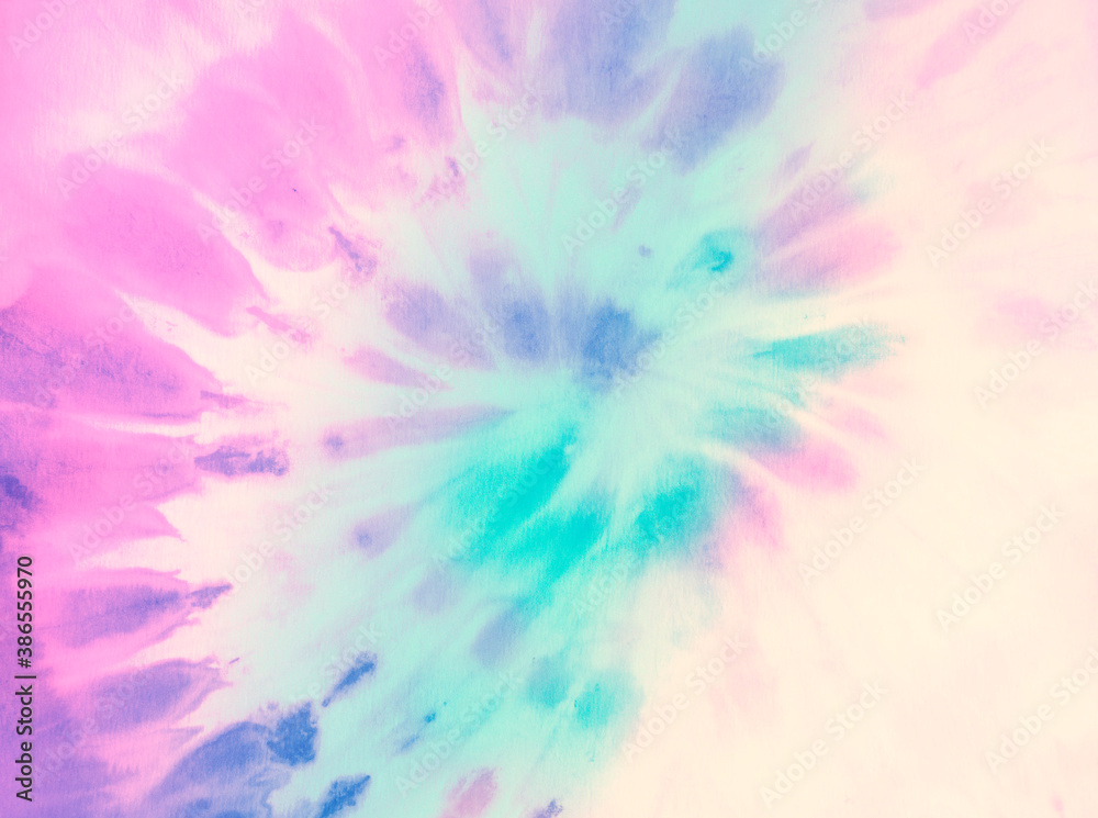 Swirl tie dye background. Hippie spiral tie-dye wallpaper backdrop. Tiedye in pastel pink and cyan. - obrazy, fototapety, plakaty 