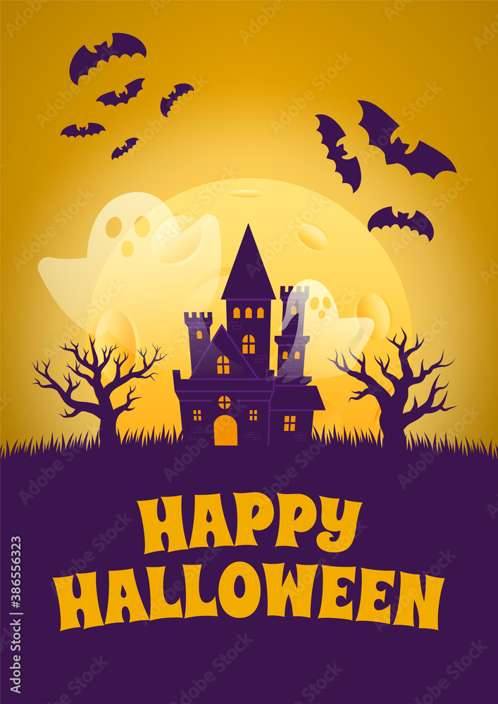 Halloween Event Poster Night Party Creepy Castle Ghost Bat Tree and Full Moon Vector Background Wallpaper Design