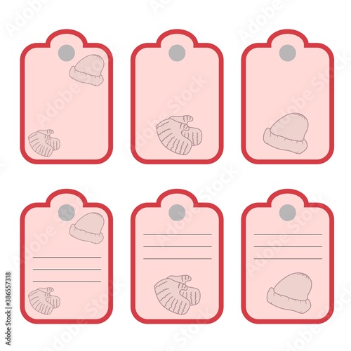8 labels for gifts with a picture of a soft pink hat and mittens. Merry Christmas and Happy New Year shortcut for gifts