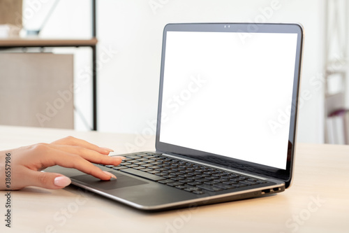 Working laptop. Remote job. Office workplace. Female hand typing on portable computer keyboard blank screen modern light interior copy space.