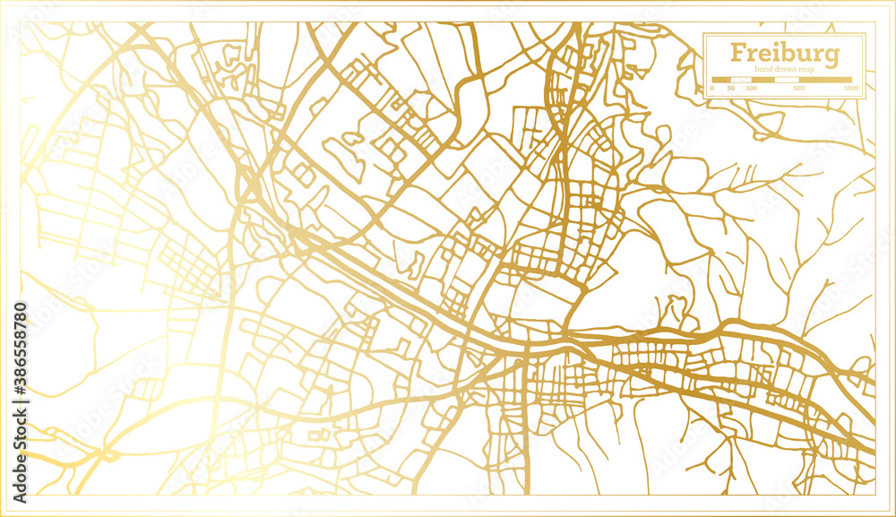 Freiburg Germany City Map in Retro Style in Golden Color. Outline Map.