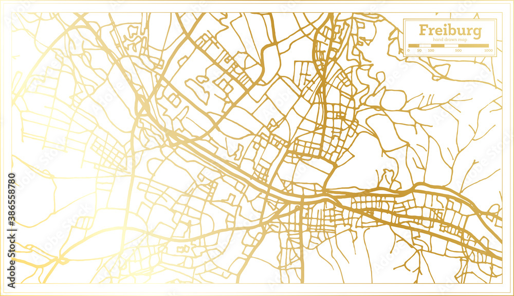 Freiburg Germany City Map in Retro Style in Golden Color. Outline Map. Freiburg Germany City Map in Retro Style in Golden Color. Outline Map.