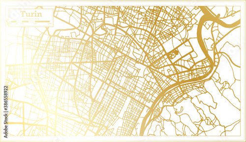 Turin Italy City Map in Retro Style in Golden Color. Outline Map.