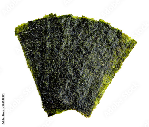 Japanese food nori dry seaweed sheets on white background