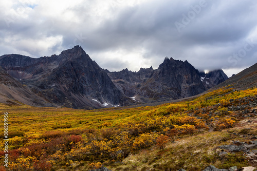 Beautiful View of Dramatic Mountains and Valley during Fall in Canadian Nature. Aerial Shot. Taken in Tombstone Territorial Park  Yukon  Canada.