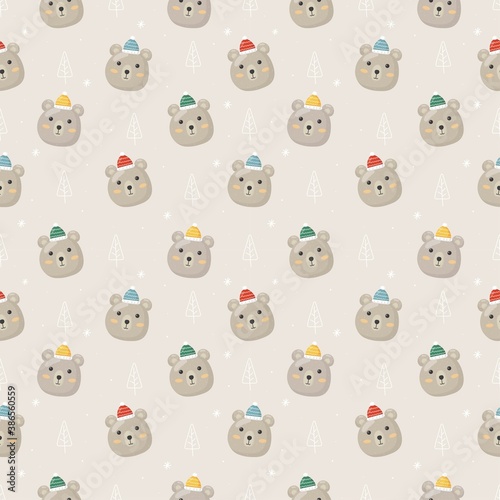 Christmas seamless pattern with polar bear isolated on gray background. vector Illustration.