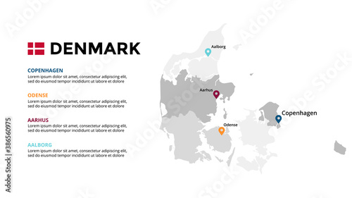Denmark vector map infographic template. Slide presentation. Global business marketing concept. Color Europe country. World transportation geography data. 