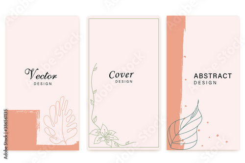 Social media stories and Main Feed cover. Background template with copy space for text and images, Tropical line arts , floral and leaves in warm earth tone vector illustration.