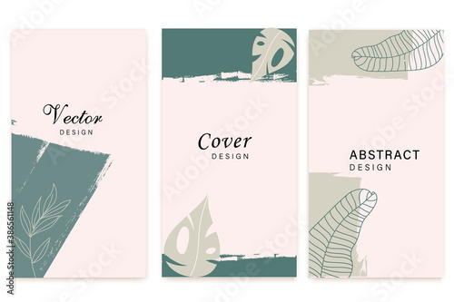 Social media stories and Main Feed cover. Background template with copy space for text and images, Tropical line arts , floral and leaves in warm earth tone vector illustration.