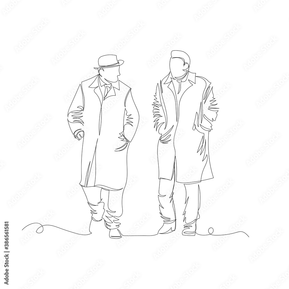 two people walking. one line. continuous line. people are talking on the street. contour images two people walking. one line. continuous line. people are talking on the street. contour images