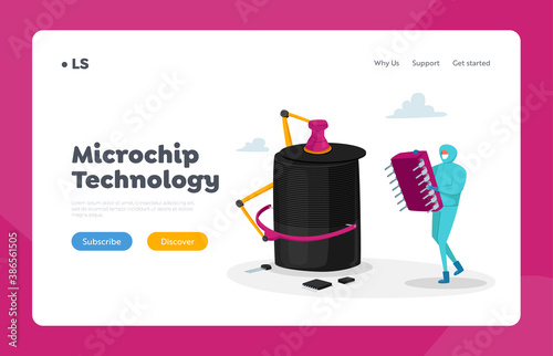 Technology Manufacture, Central Computer Processors, Cpu Landing Page Template. Tiny Character Set Up Huge Semiconductor
