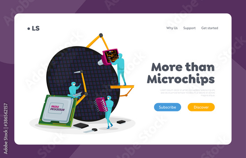 Semiconductors Manufacturing, Scientific Research Landing Page Template. Scientists in Sterile Suits Work in Lab